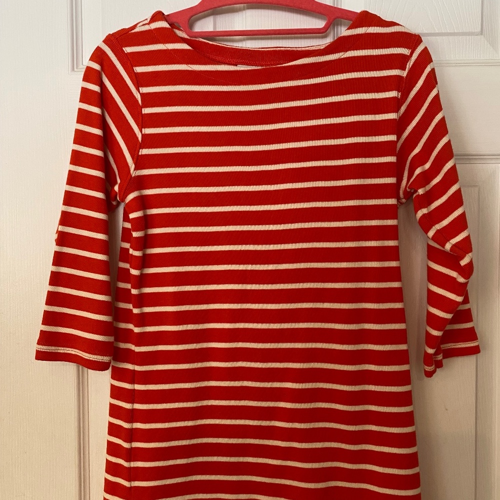 L.L. Bean XS Regular Boatneck Orange & White Striped 3/4 Sleeve Top
